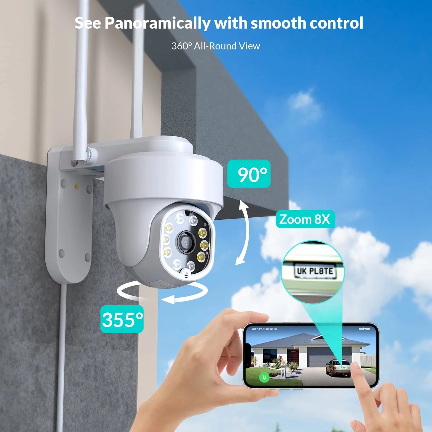 Security Cameras Wireless Wi-Fi, 360° View Home Surveillance Outdoor Cameras, Only 2.4G Wifi