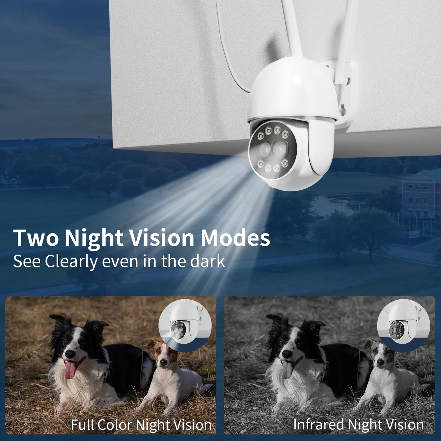 4MP Security Cameras Outdoor, 360° Security Cameras Wireless Wifi with Dual Lens, Full Color Night Vision, IP66 Waterproof, Two-Way Audio, SD & Cloud Storage