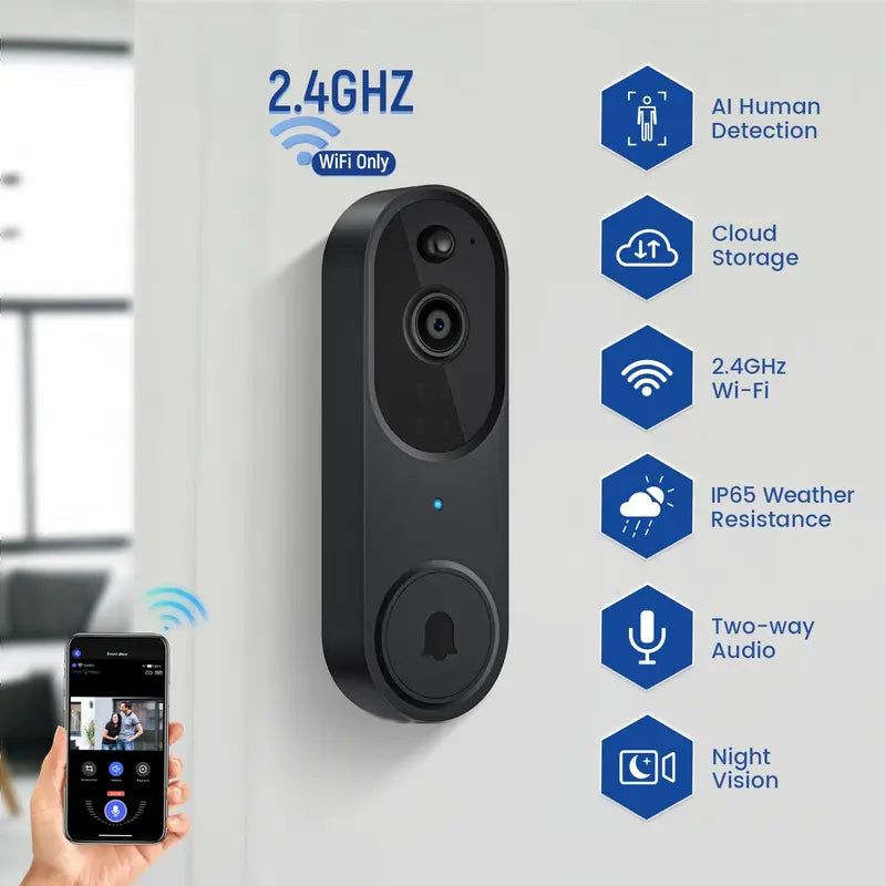 2.4Ghz WIFI Video Doorbell Camera, 1 Set 2-Way Audio Video Camera Doorbell, Home Security Smart Video Doorbell Camera, Home Security & Safety System