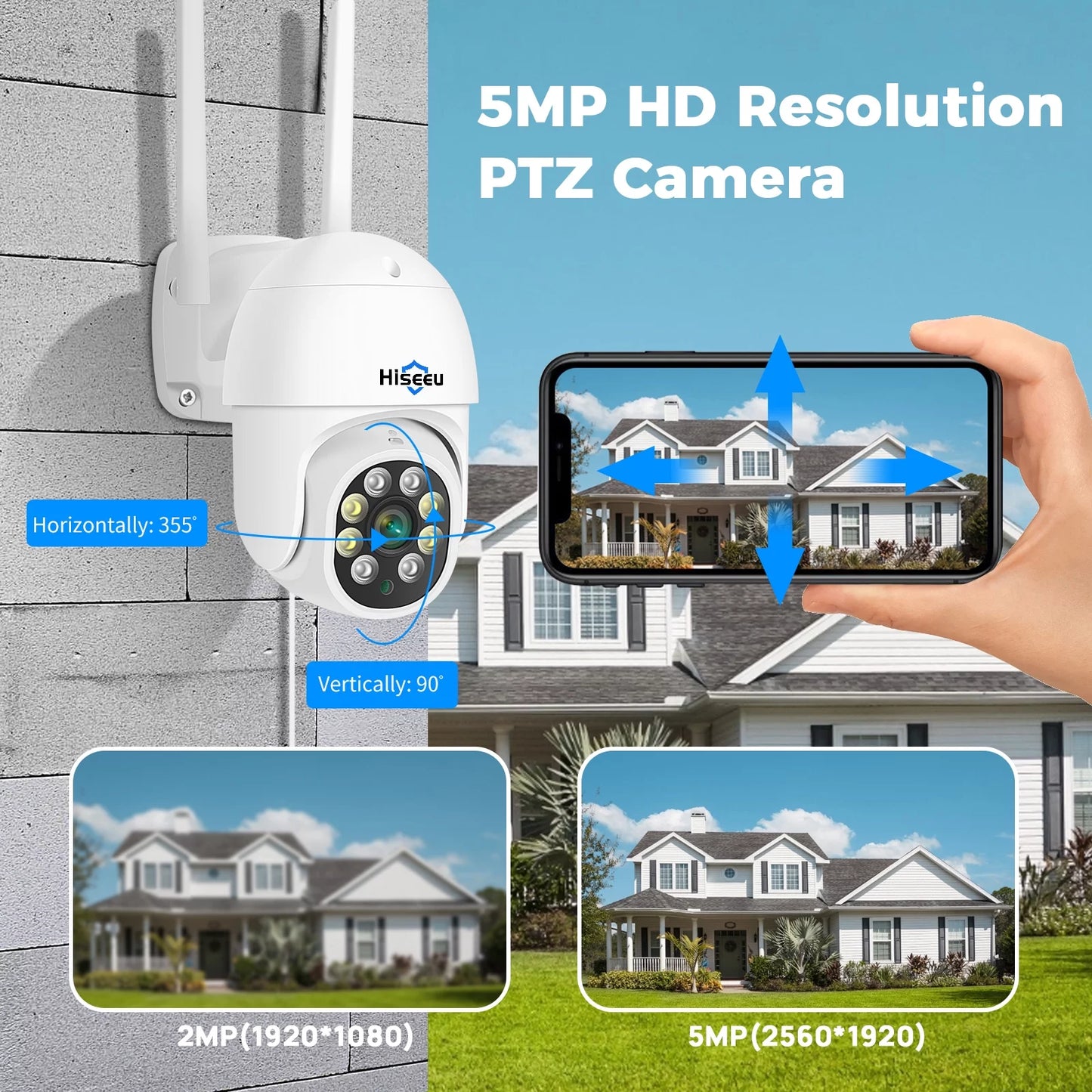 5MP Pan Tilt Security Camera Wireless Wi-Fi with 2-Way Audio, Motion Tracking & Light Alarm, Color/Ir Night Vision,Ip66 Waterproof Outdoor Security Camera for Home (Support Only 2.4Ghz Wi-Fi)
