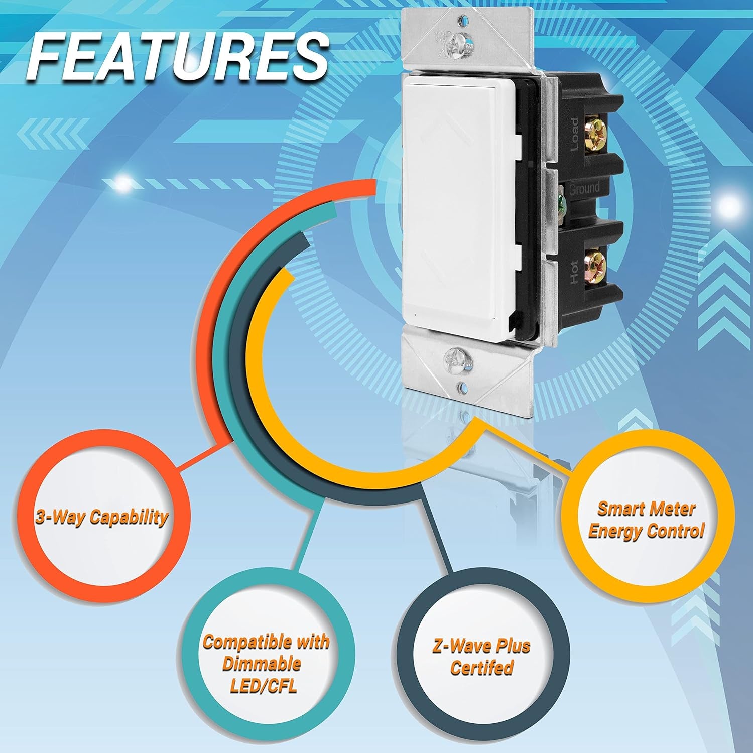 Z-Wave Dimmer, Smart Dimmer Switch for Z-Wave Home Automation, Z-Wave plus Dimmer Switch with Smart Meter Energy Monitor, Neutral Wire Required, Works with Alexa, ZW500DM-PLUS