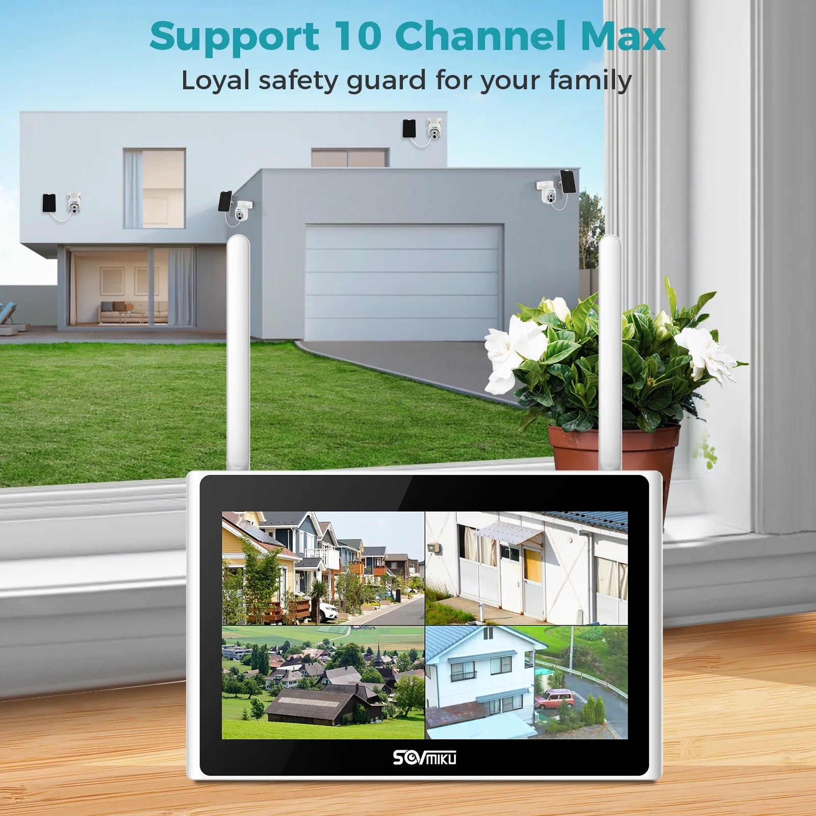 Solar Security Camera Outdoor, 4PCS 4MP Wireless Battery Camera System with 10In LCD, 2-Way Audio, PTZ, Night Vision, 1TB HDD