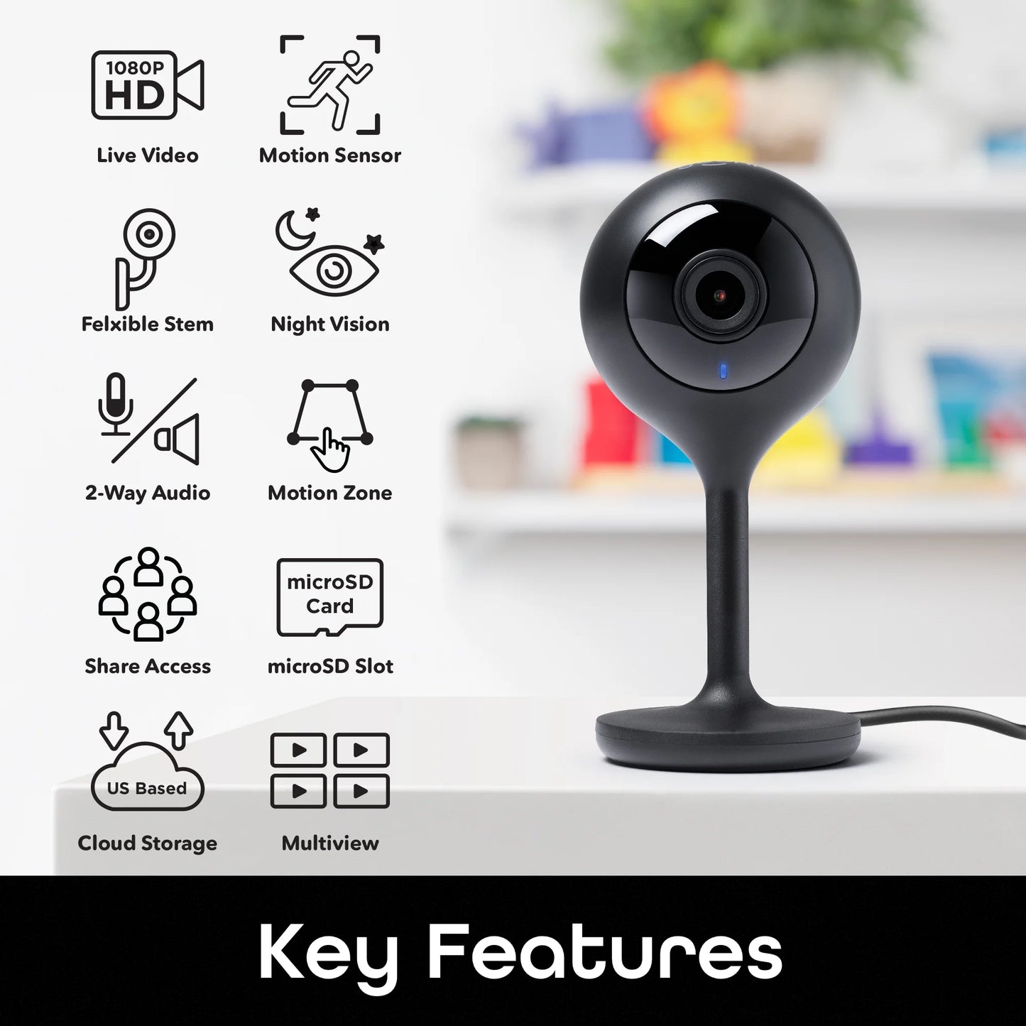 Look Smart Indoor Security Camera | 1080P HD with Night Vision, Motion Detection, 2-Way Audio | Compatible with Alexa & Google Home | Black