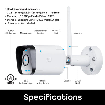 Hawk 3 HD 1080P Outdoor Security Camera, IP66 Weatherproof, Night Vision and Motion Detection