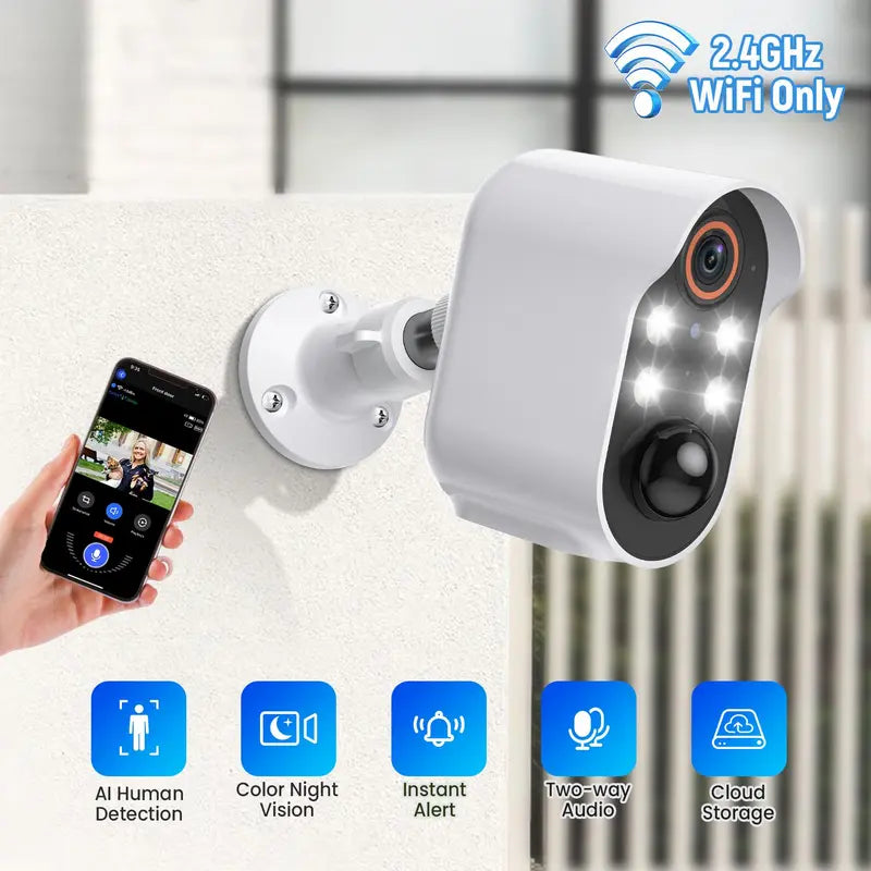 2.4G Wifi Security Camera, Wireless Outdoor Security Camera with AI Human Detection, PIR Motion Detect, Night Vision, Rechargeable Battery Camera for Home Security