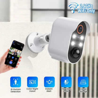 2.4G Wifi Security Camera, Wireless Outdoor Security Camera with AI Human Detection, PIR Motion Detect, Night Vision, Rechargeable Battery Camera for Home Security